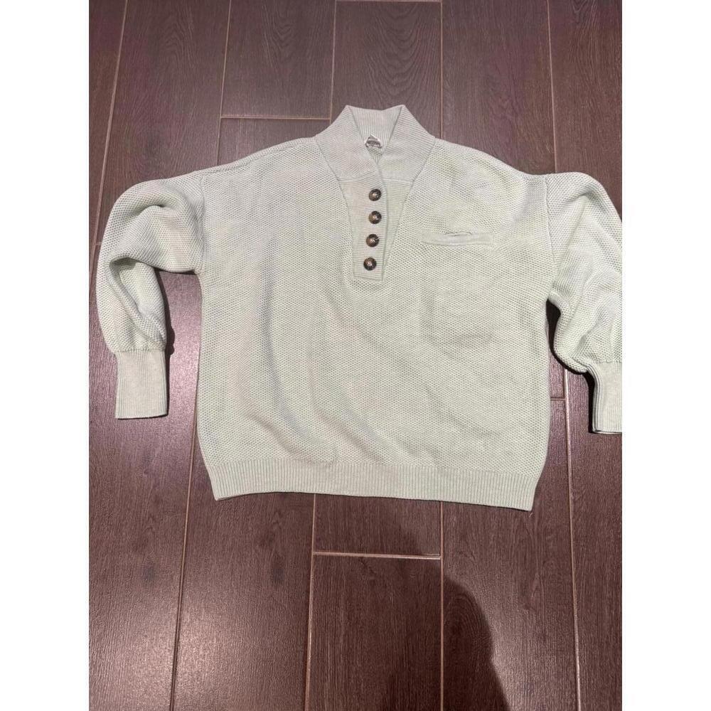 LUNYA Cottonsilk Pocket Knit Henley Sweater light green Sz L/XL